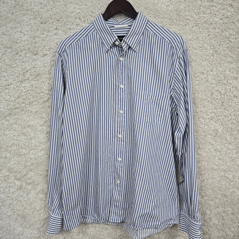 Ermenegildo Zegna Shirt‎ Mens XL Blue White Striped Cotton Herringbone Luxury